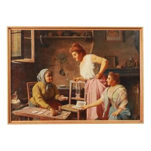 Tableau Ancien Scène d'Interieur Huile sur Toile XIXe Siècle Original