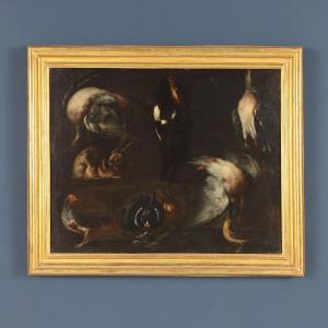 Tableau Ancien Huile sur Toile Lapins et Oiseaux avec Gibier '600