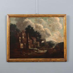 Antique Painting Landscape And Figures Oil On Canvas XVIII Century Original