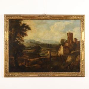 Antique Painting Landscape With Stream Mill XVIII Century Original