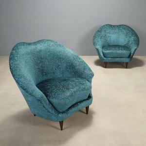 Vintage Armchairs Blue Fabric Beech Design Italy 1950s Originals