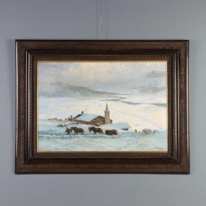 Tableau Ancien Signé Leonardo Roda Paysage Alpin Enneigé XIXe Siècle