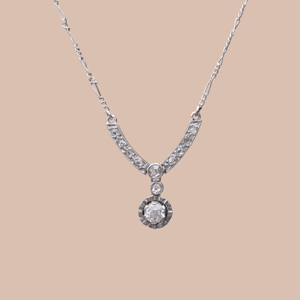 1920's Art Deco Filigree White Sapphire Geometric Pendant Necklace in —  Antique Jewelry Mall