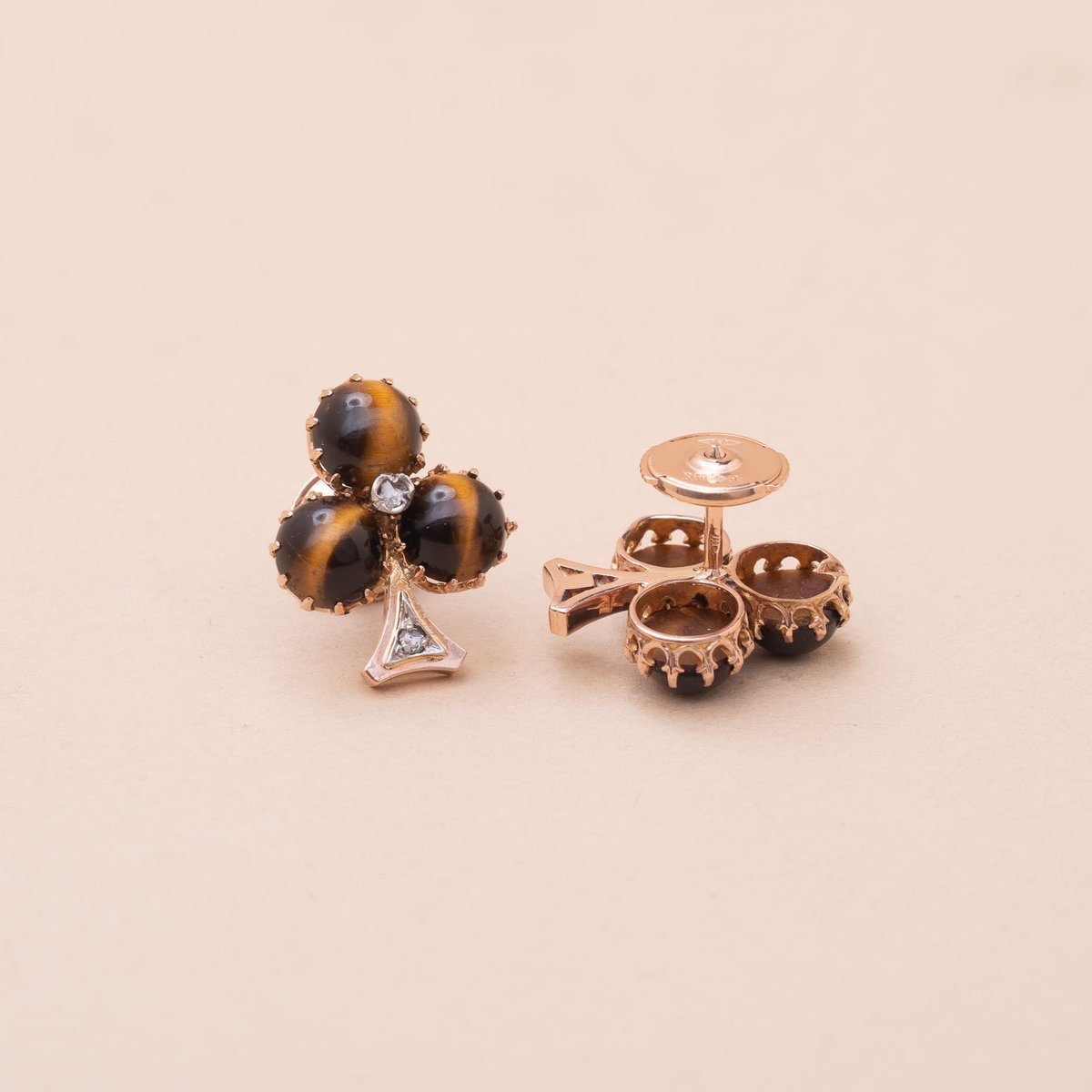 Deux Motifs Boucles D’oreilles Shamrock Oeil De Tigre Diamants-photo-2