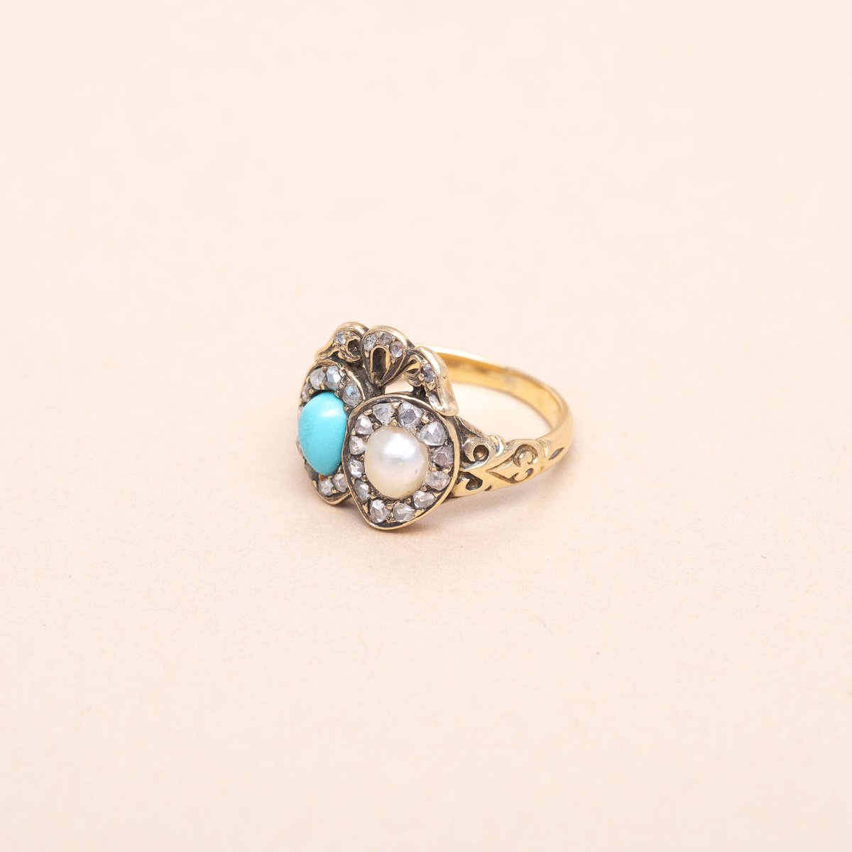 Bague Ancienne De Mariage Turquoise Soufflure De Perle 1780-1820-photo-3