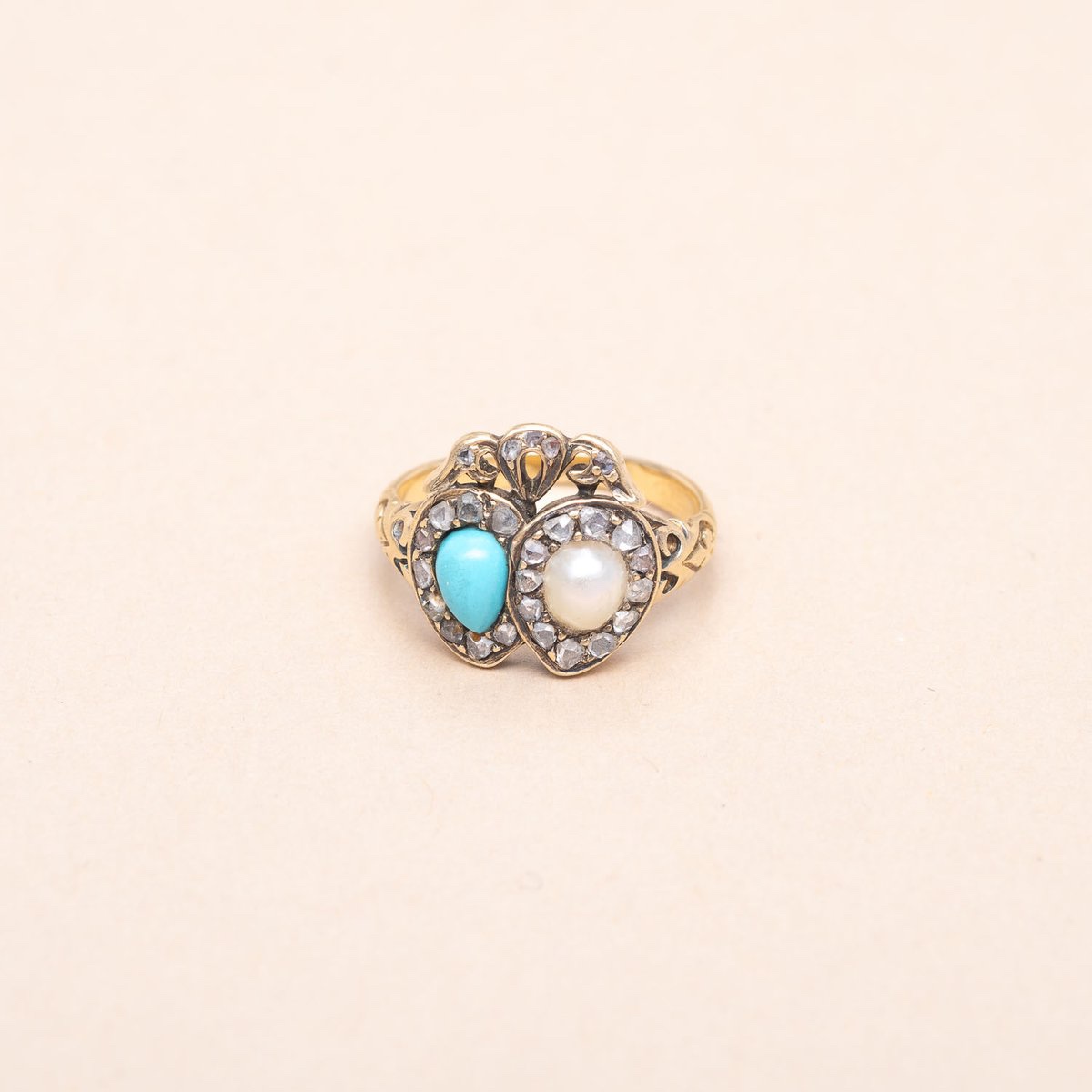 Bague Ancienne De Mariage Turquoise Soufflure De Perle 1780-1820