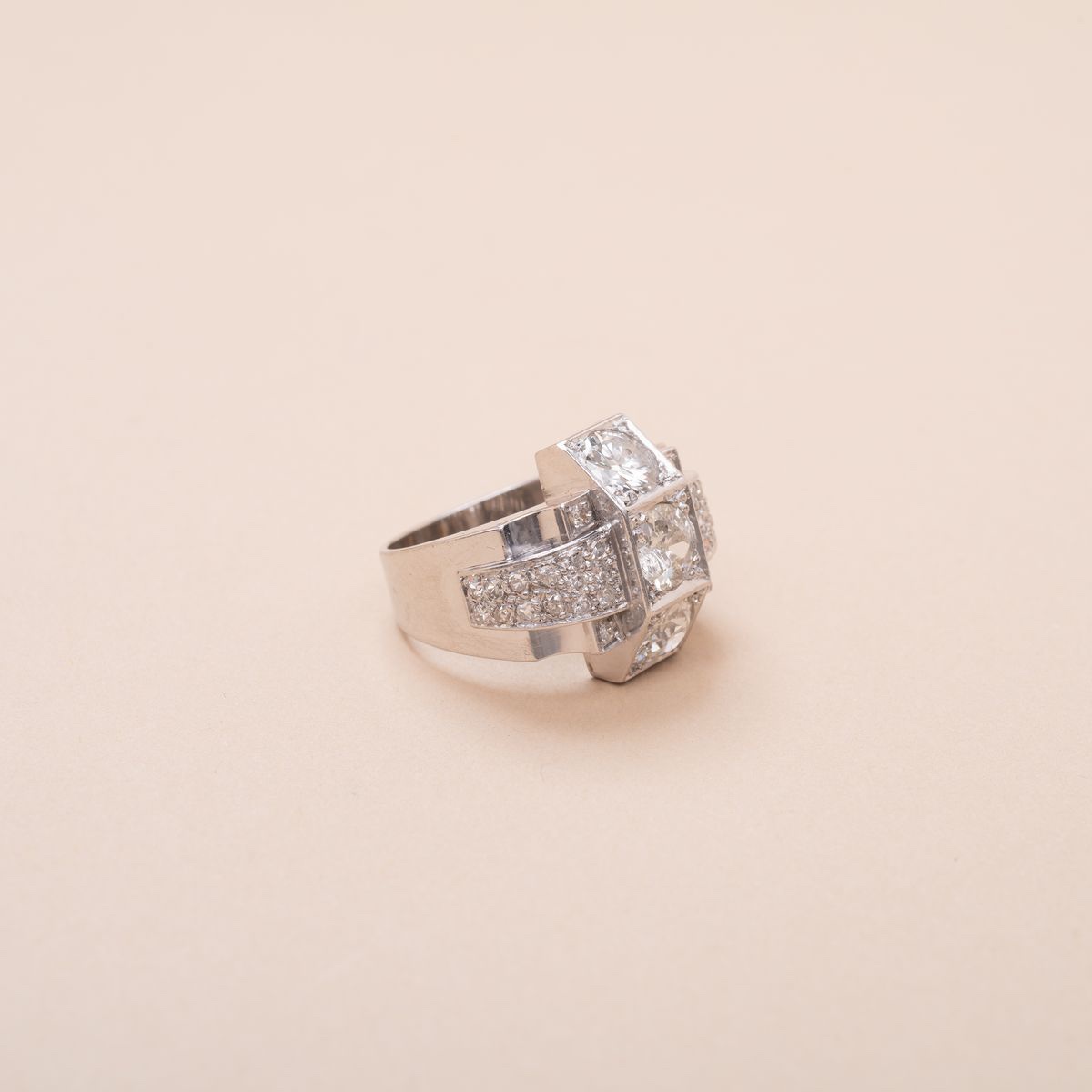 Tank Ring 1940 Vintage Cross Diamond 2.70 Carats-photo-2