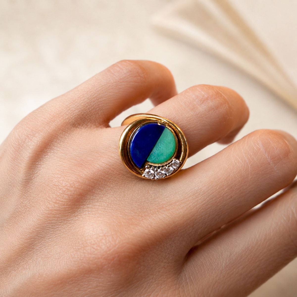 Brenda Vintage Ring With Lapis Lazuli, Chrysoprase, And Diamonds, 1970-photo-4