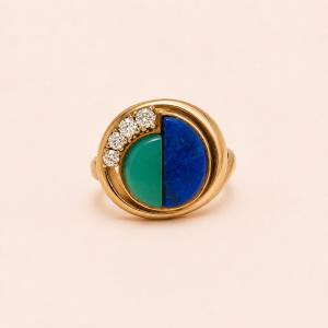 Brenda Vintage Ring With Lapis Lazuli, Chrysoprase, And Diamonds, 1970