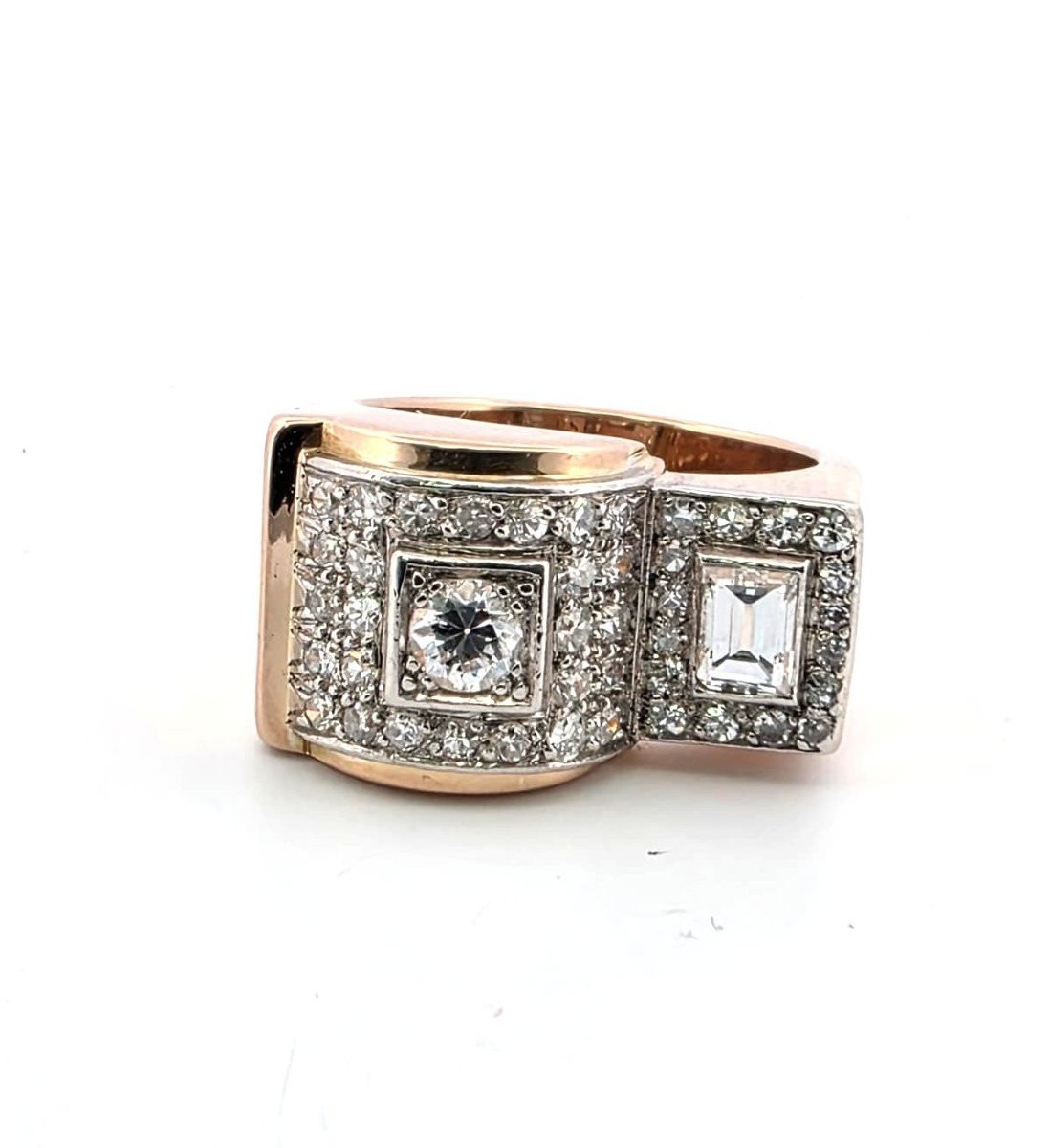 Vintage 18kt Rose Gold Ring With Prominent Diamonds-photo-4