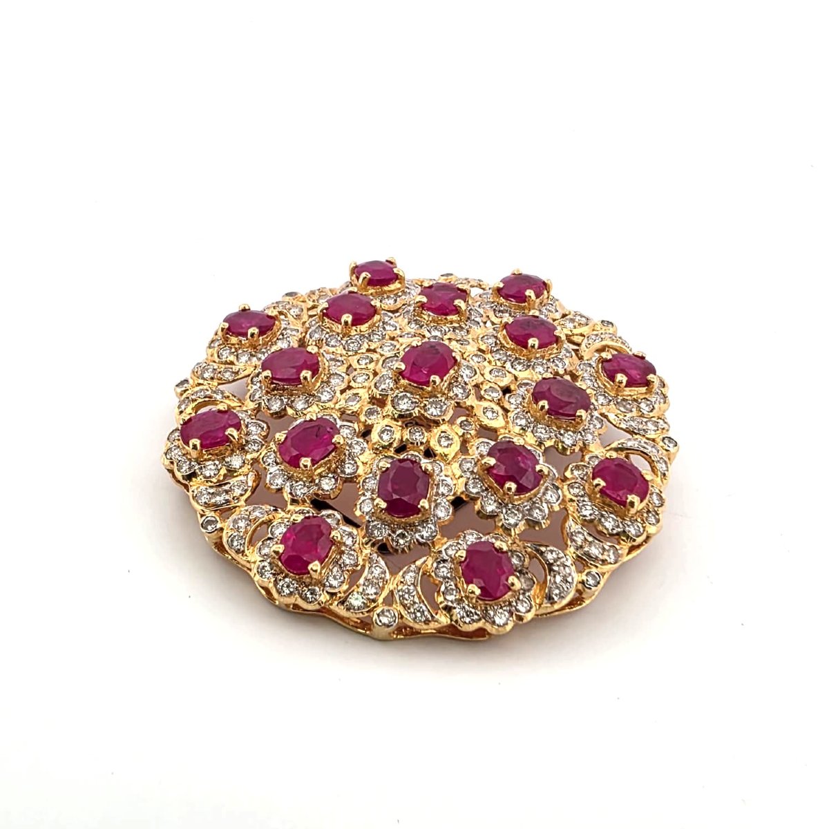 18kt Yellow Gold 60' Brooch With Rubies And Diamonds-photo-4