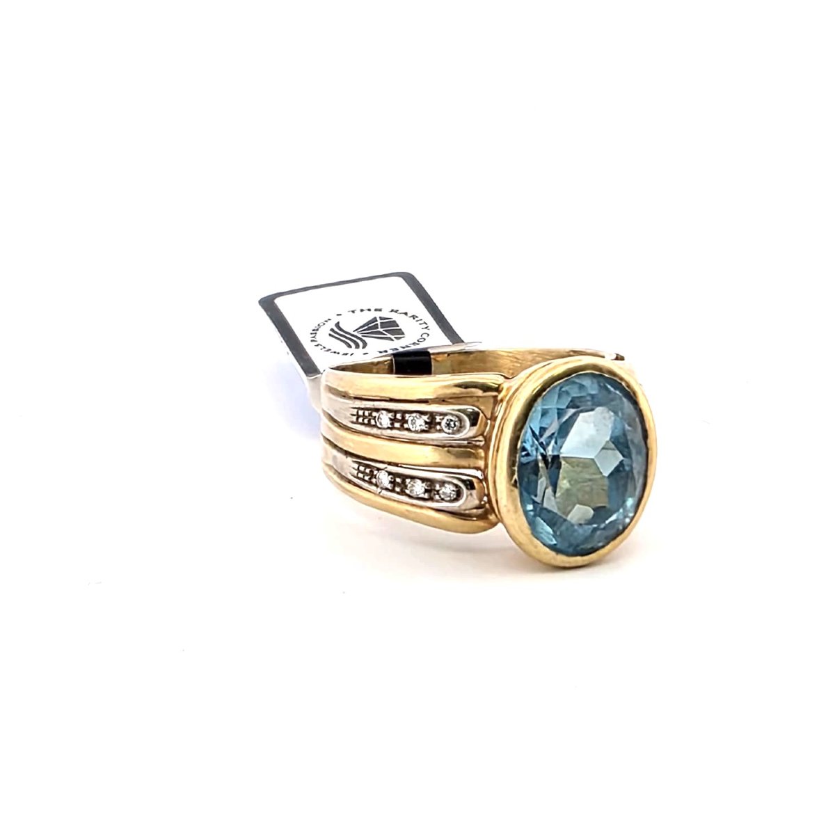 90s Ring In Solid 18kt Yellow Gold With Large Blue Topaz And Diamonds On The Sides Of The Shank-photo-3