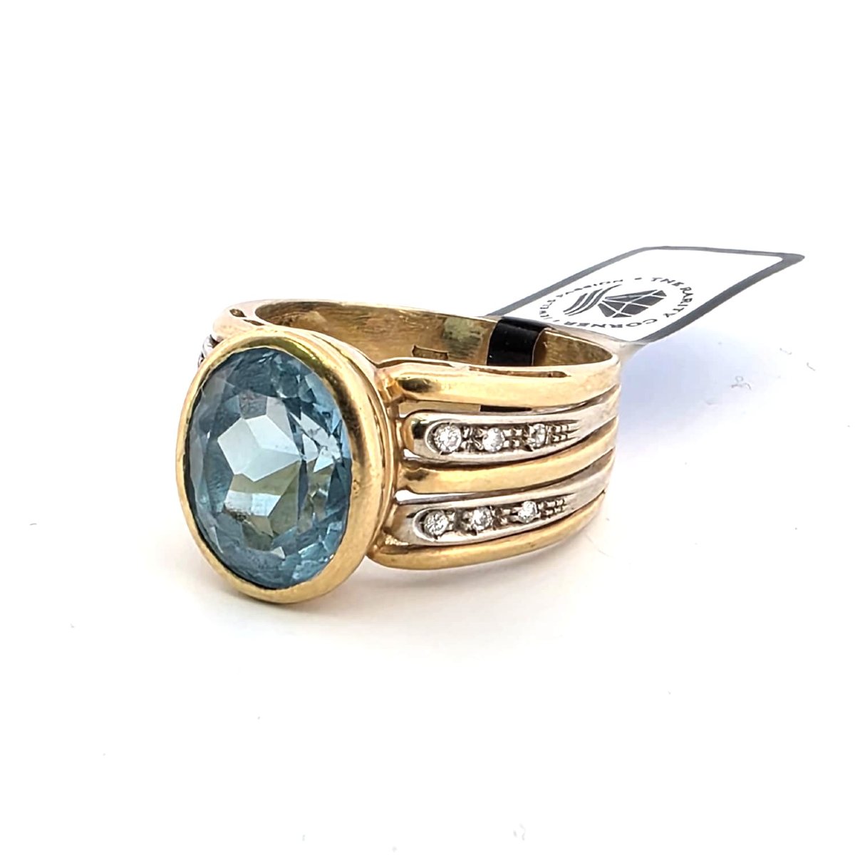 90s Ring In Solid 18kt Yellow Gold With Large Blue Topaz And Diamonds On The Sides Of The Shank-photo-4