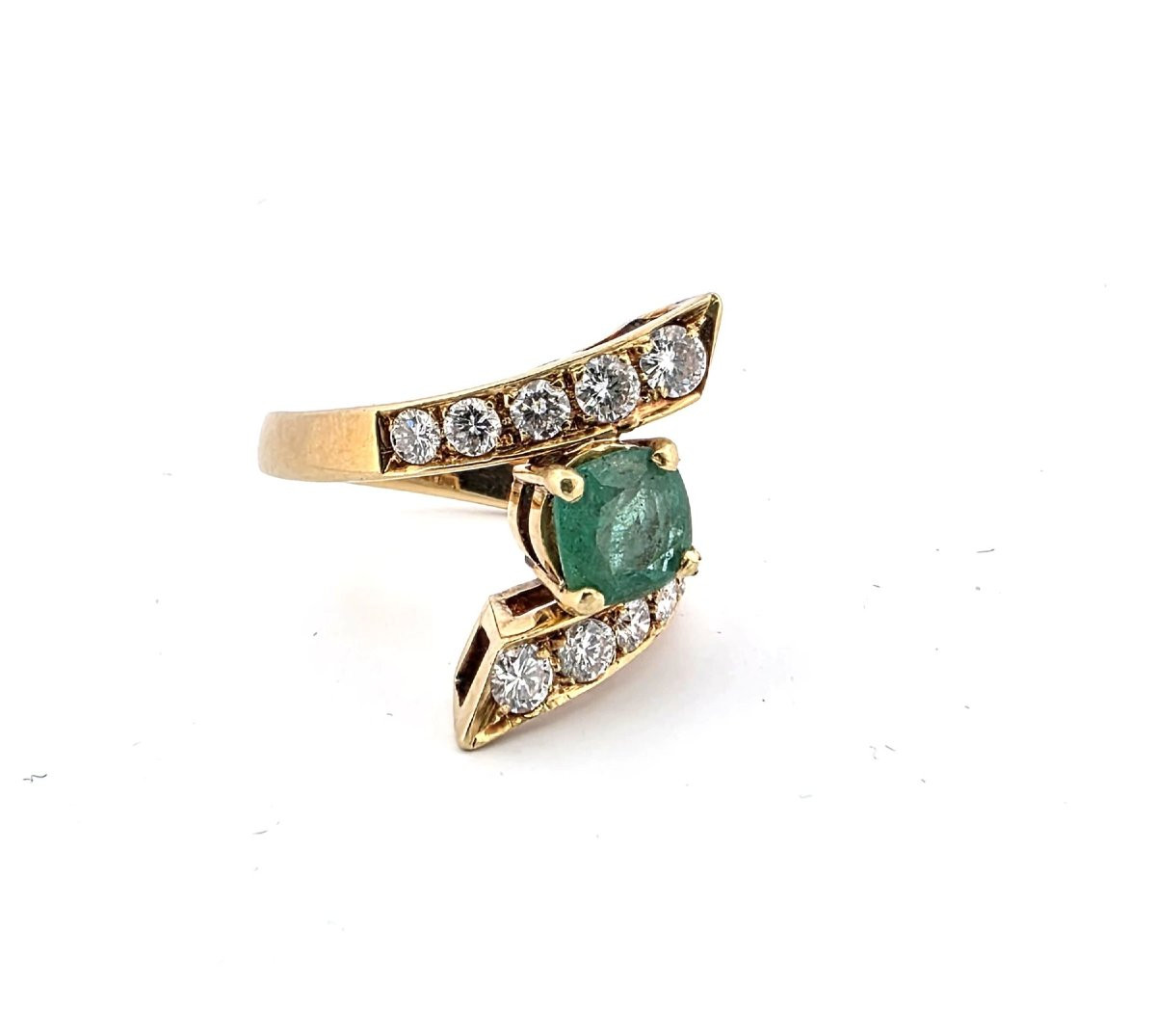 Vintage 1950 Ca Solid Yellow Gold Ring With Emerald Ct 0.50 And Diamonds Ct 0.80-photo-4