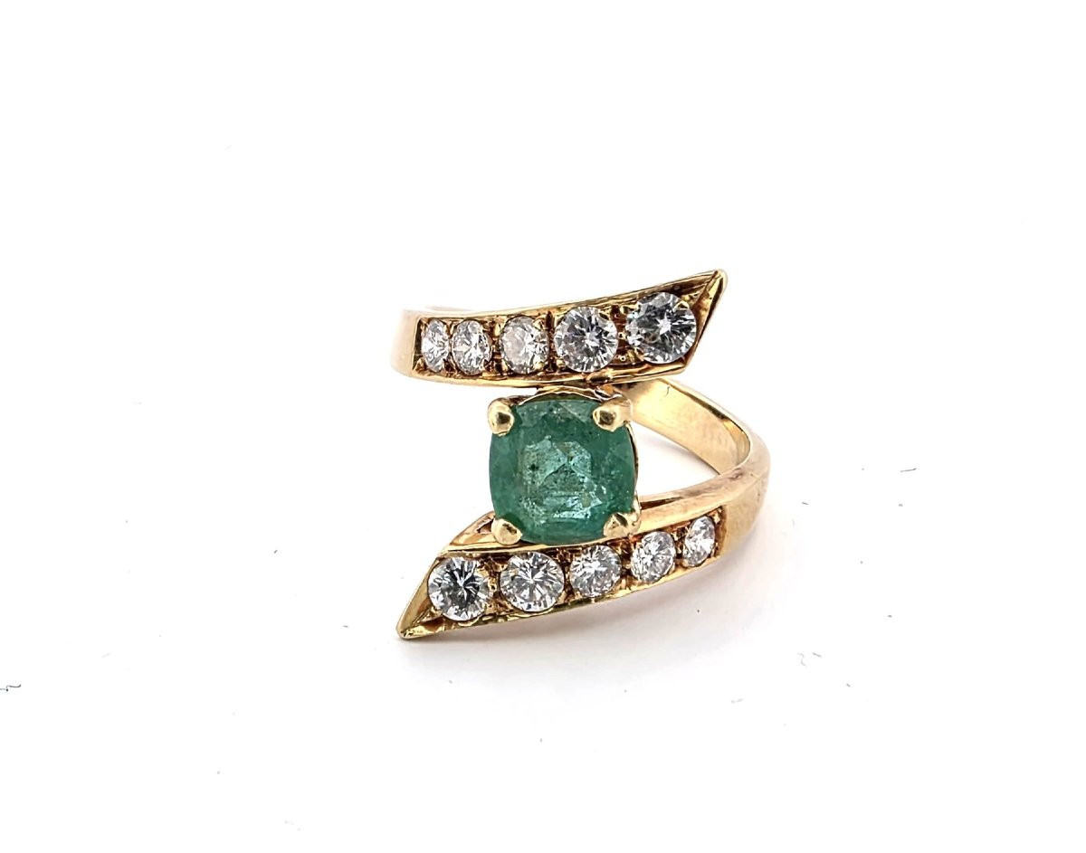 Vintage 1950 Ca Solid Yellow Gold Ring With Emerald Ct 0.50 And Diamonds Ct 0.80-photo-5