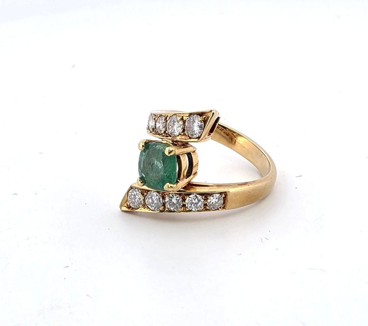 Vintage 1950 Ca Solid Yellow Gold Ring With Emerald Ct 0.50 And Diamonds Ct 0.80-photo-6