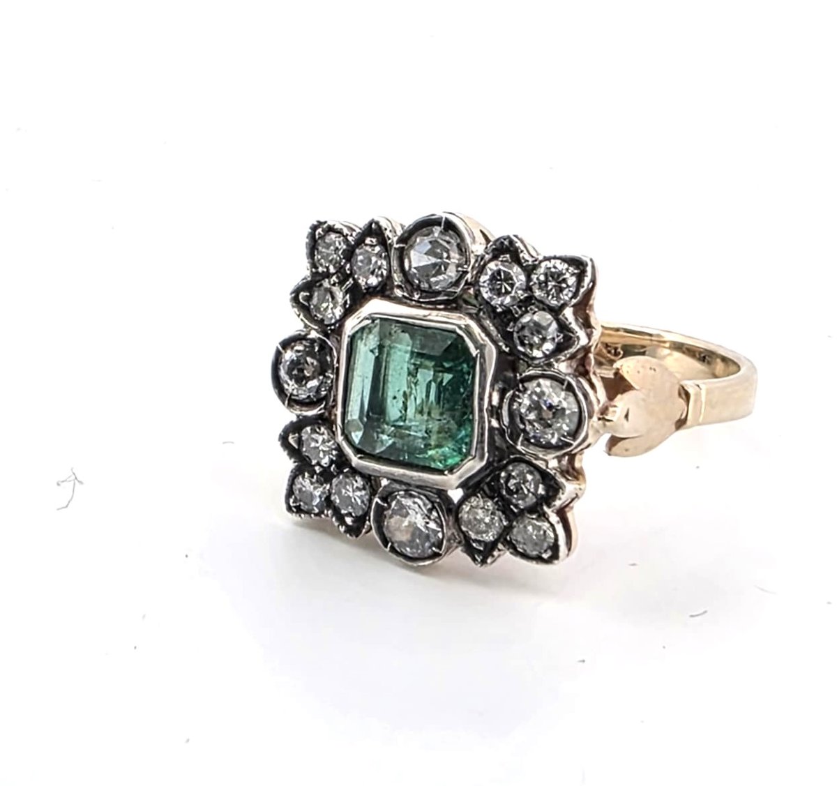 Victorian 12kt Gold And Silver XIX Ring With Emerald And Diamonds-photo-4