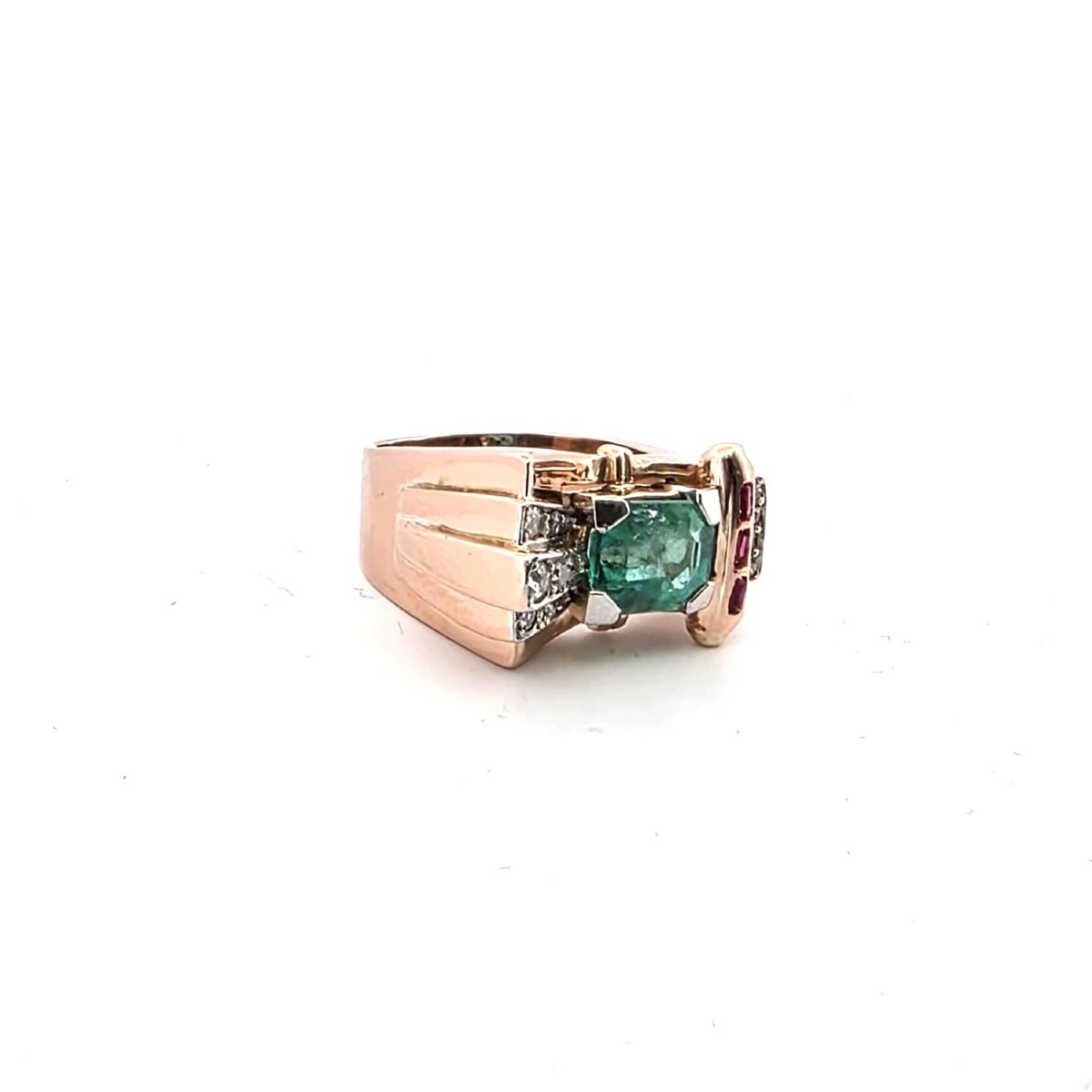 18kt Yellow Gold 90' Ring With Emerald Diamonds And Rubies-photo-6