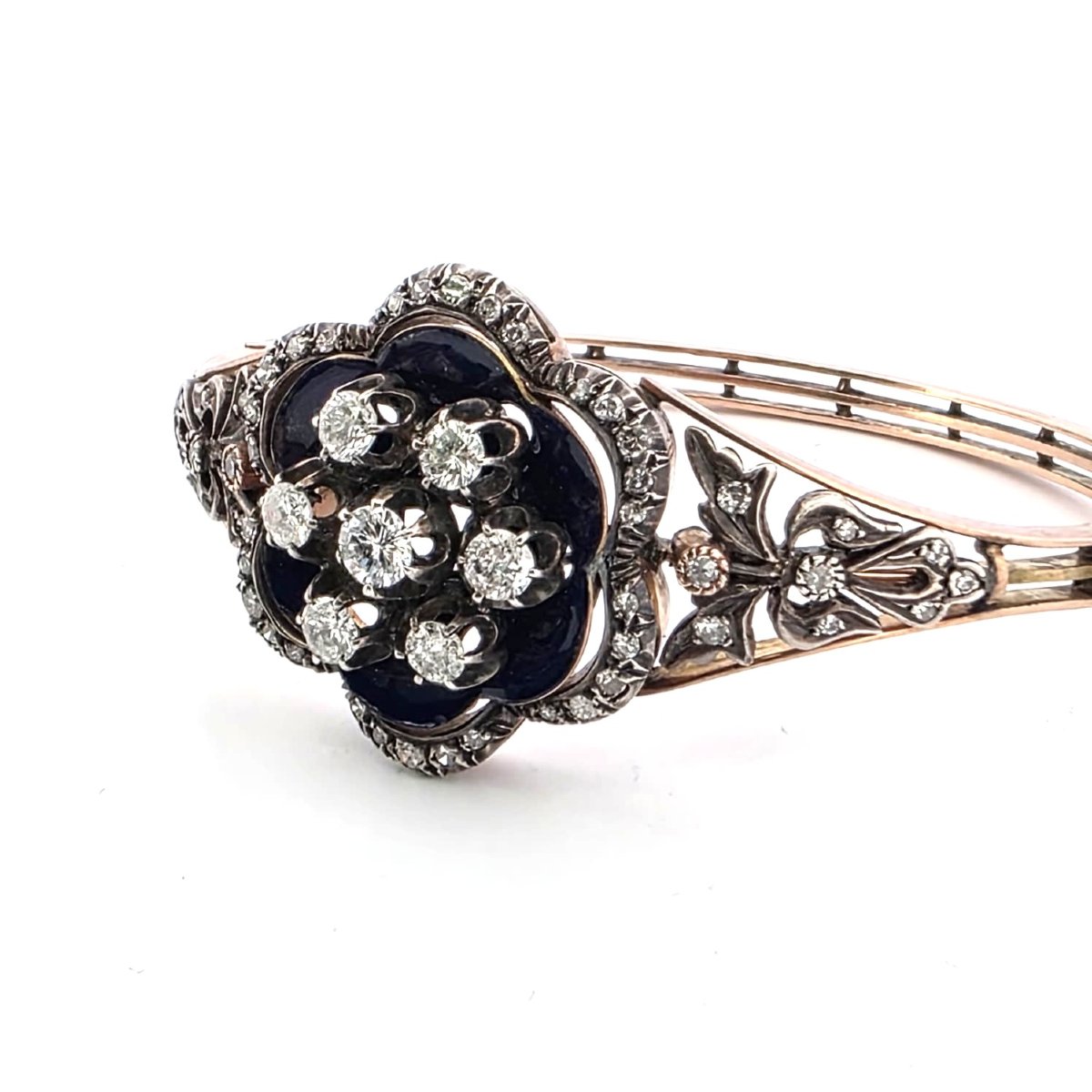 Bracelet victorien en or bas et argent avec diamants et émail bleu-photo-3