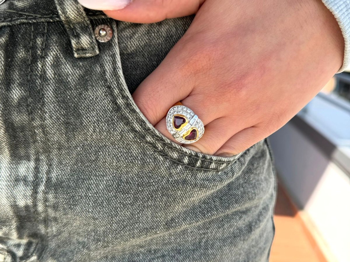 Bague années 70' en or jaune 18kt avec rubis et diamants -photo-4