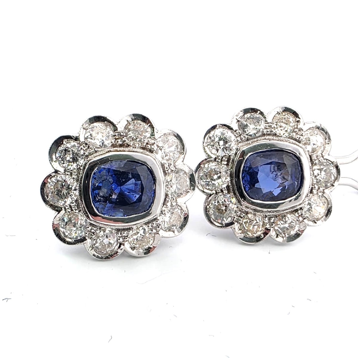 18-karat White Gold Earrings Featuring Large Burmese Sapphires And Old Mine Diamonds