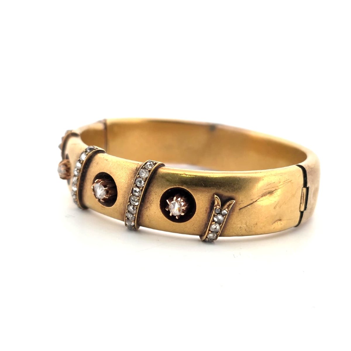 Bracelet d’époque victorienne en or bas 12kt avec diamants rose couronné-photo-3