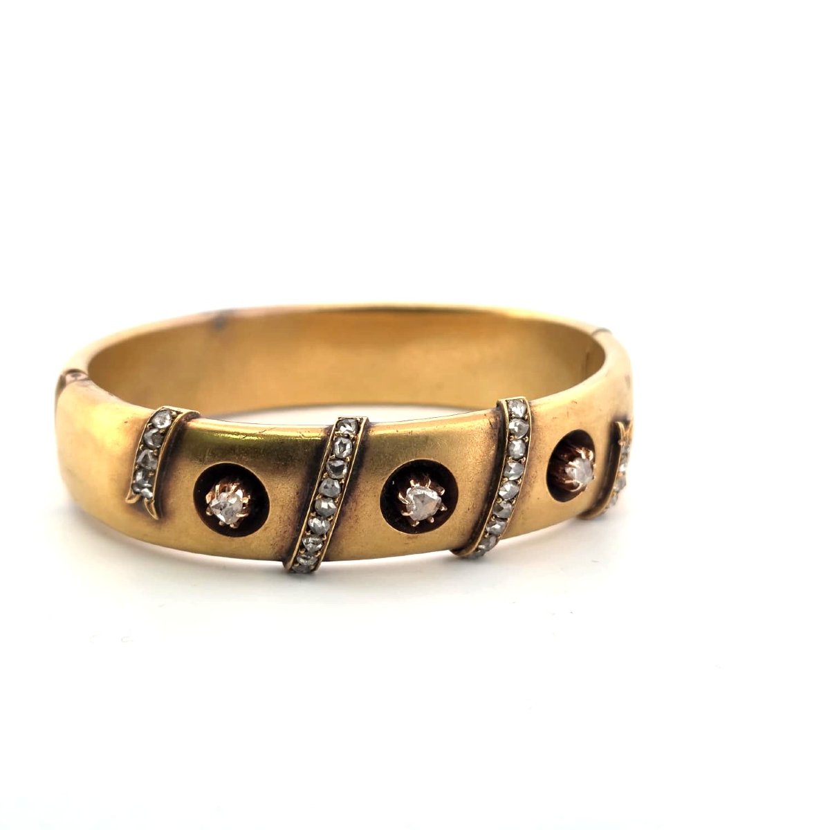Bracelet d’époque victorienne en or bas 12kt avec diamants rose couronné-photo-4