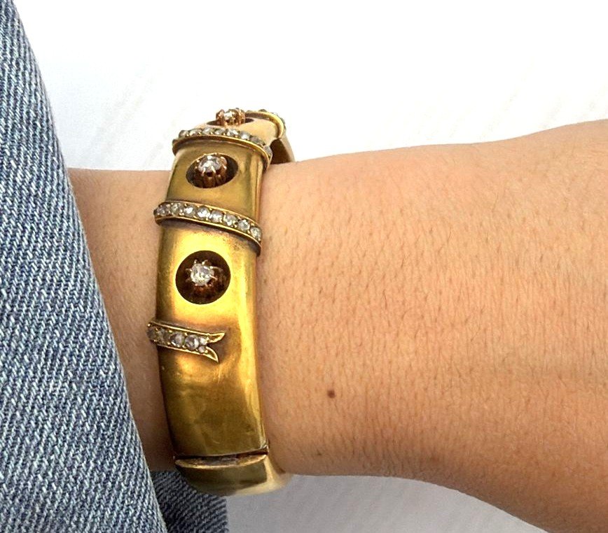 Bracelet d’époque victorienne en or bas 12kt avec diamants rose couronné-photo-1