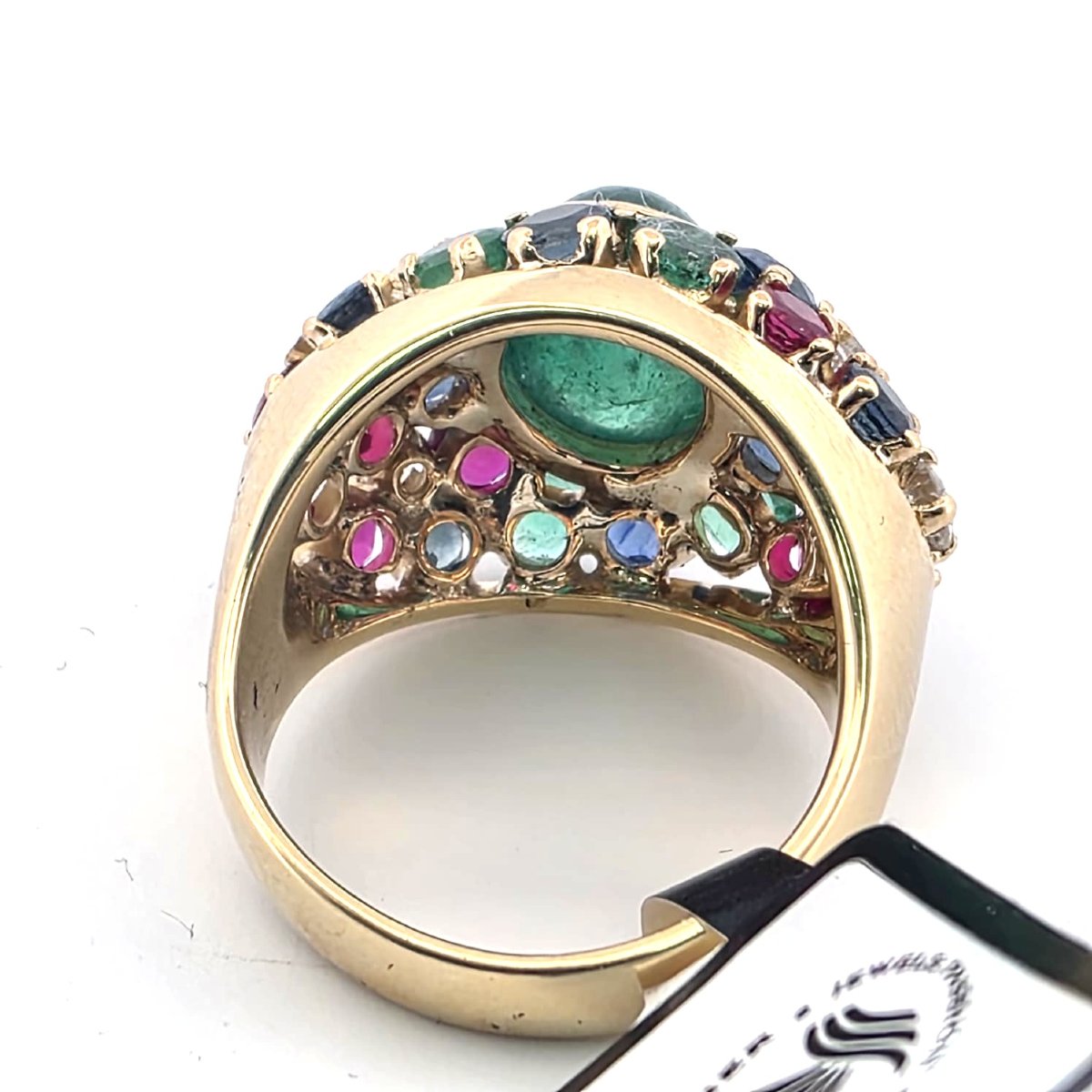 Bague années 80'/90' en or jaune 18kt avec émeraude centrale et mélange de pierres précieuses à-photo-1