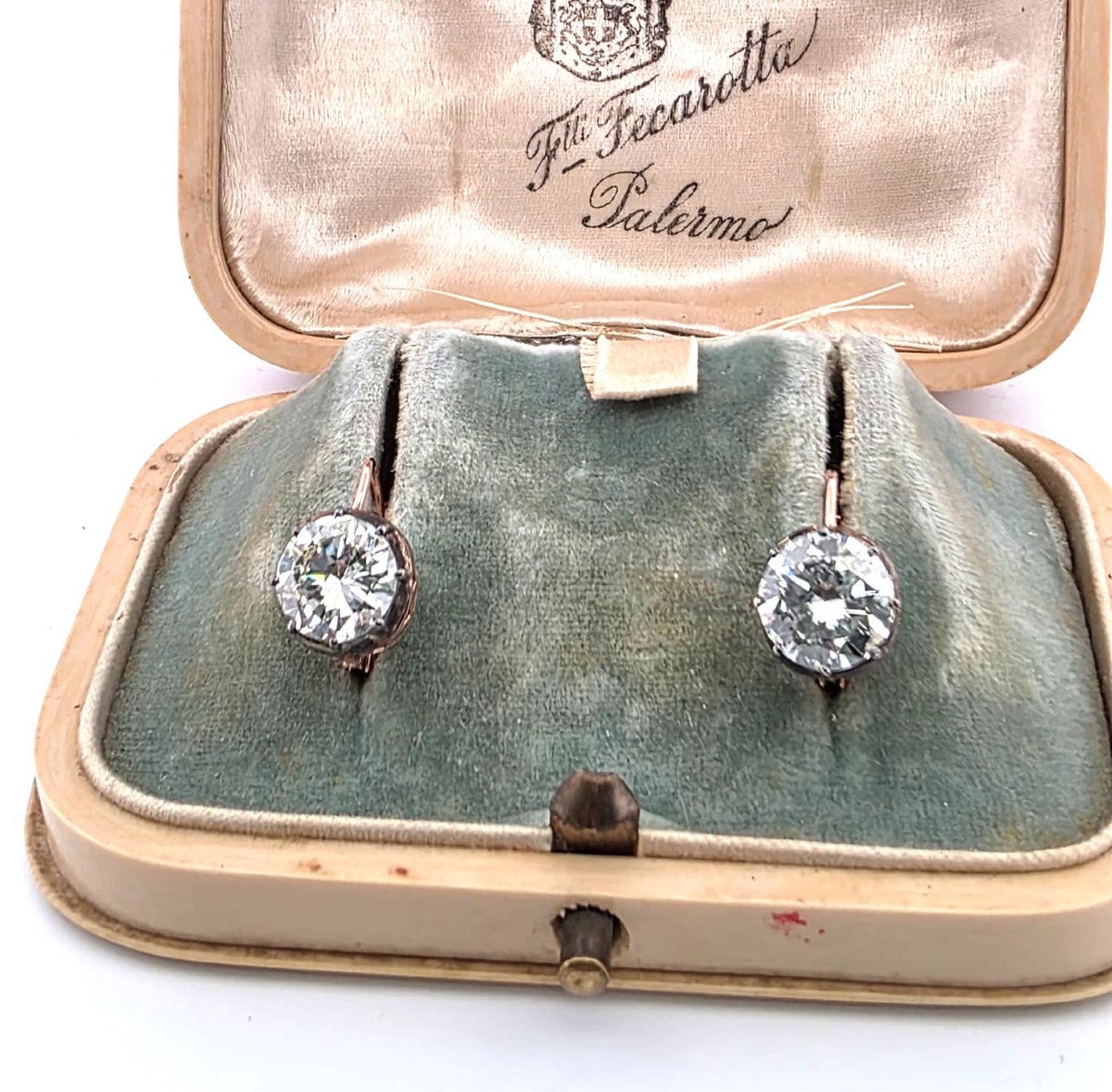 12-karat Rose Gold And Silver Earrings With An Old Mine Cut Diamond