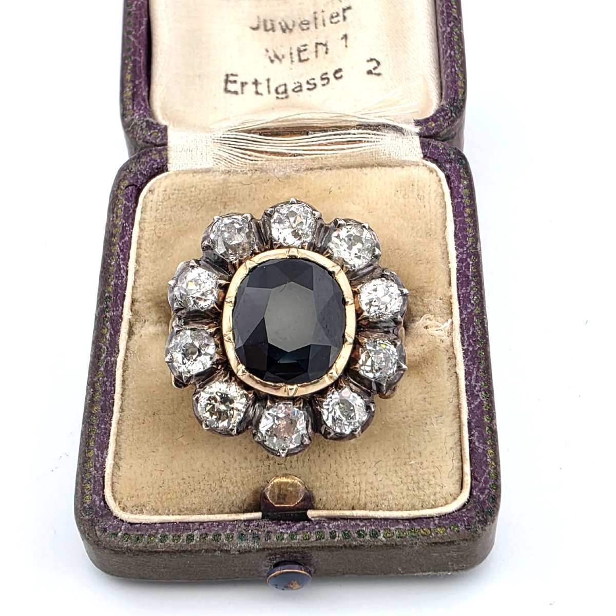 Low-profile Yellow Gold And Silver Ring With Diamonds And A Sapphire