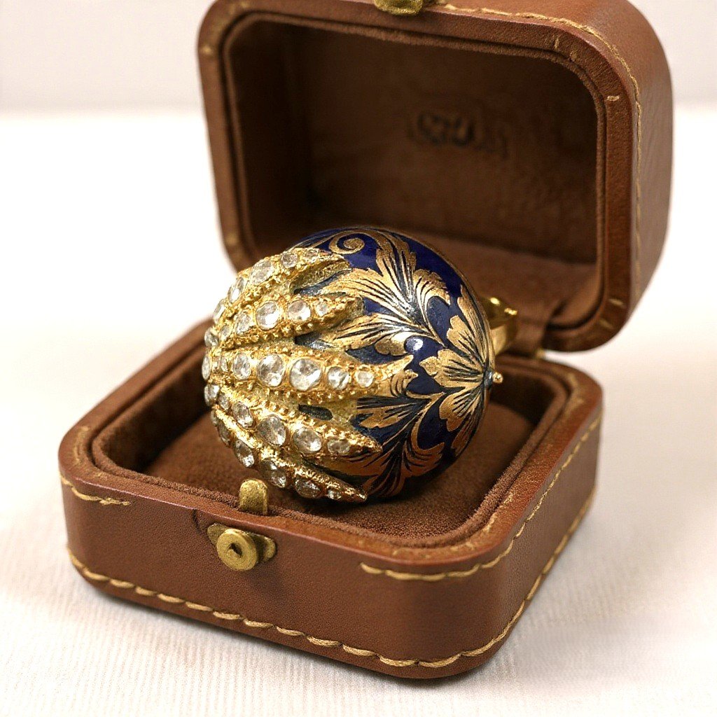 9-karat Yellow Gold "poison Ring" With Enamel And Half-rose-cut Diamonds.