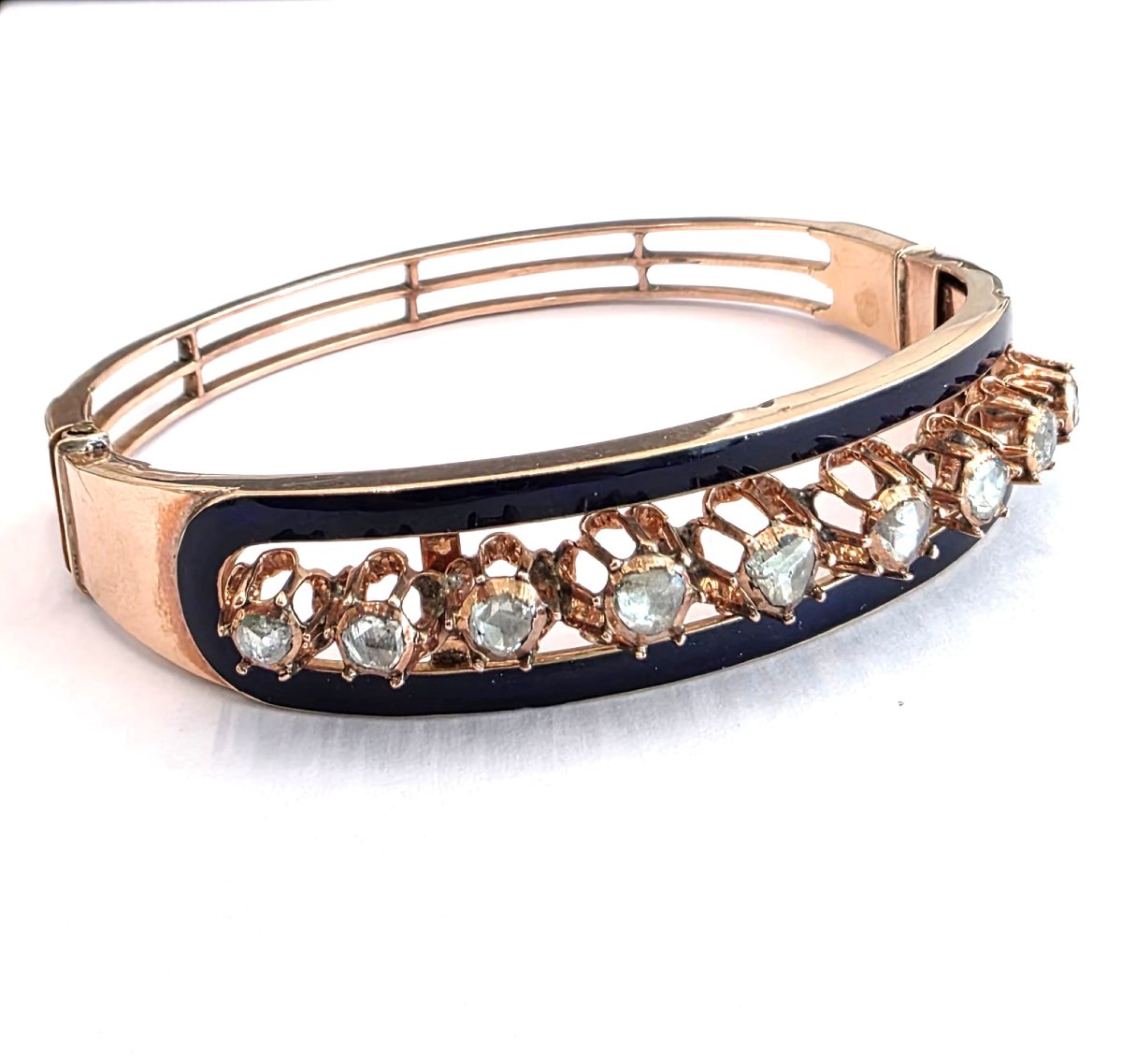 Bracelet en platine et émail bleu avec diamants rose couronné-photo-2