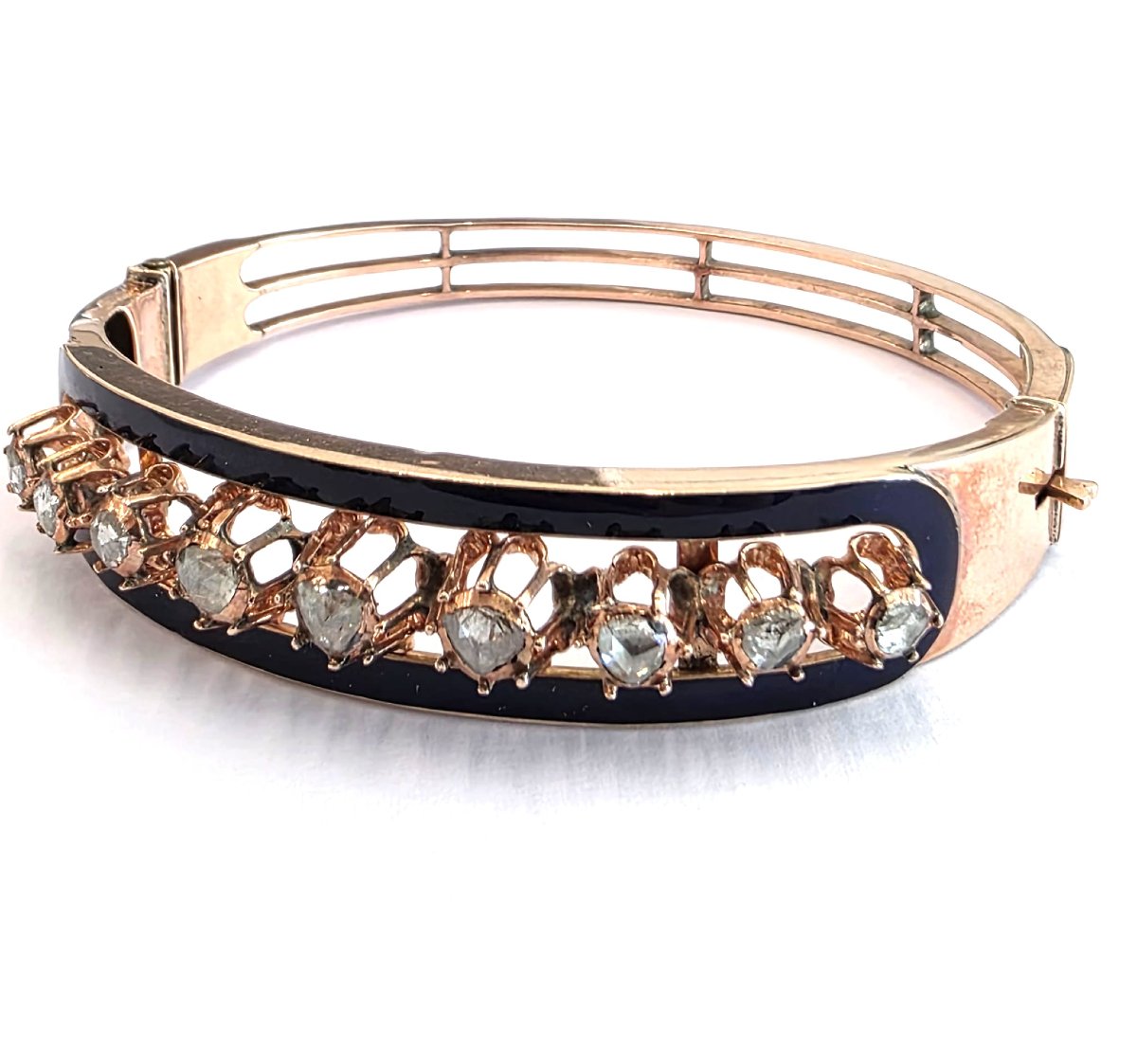 Bracelet en platine et émail bleu avec diamants rose couronné-photo-3