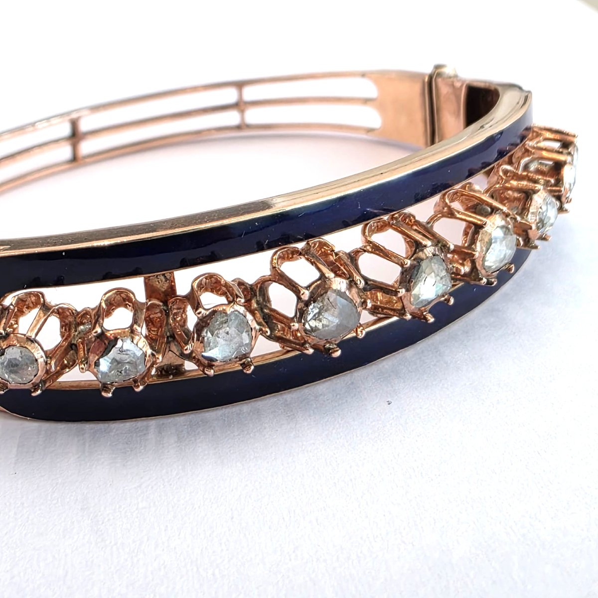 Bracelet en platine et émail bleu avec diamants rose couronné-photo-1