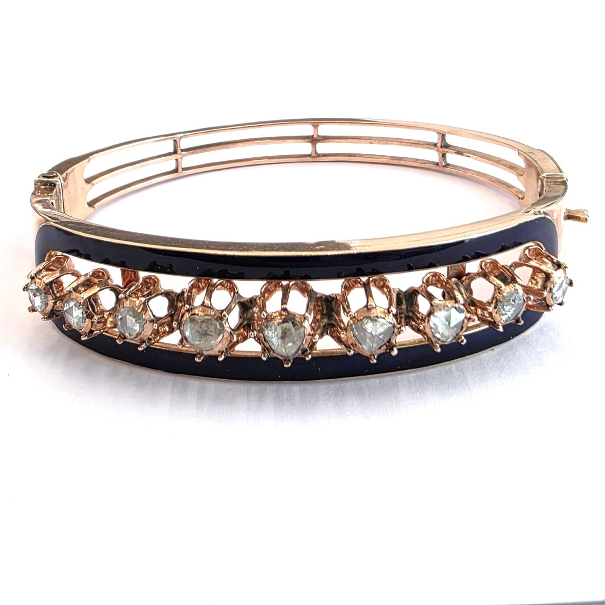 Bracelet en platine et émail bleu avec diamants rose couronné-photo-2