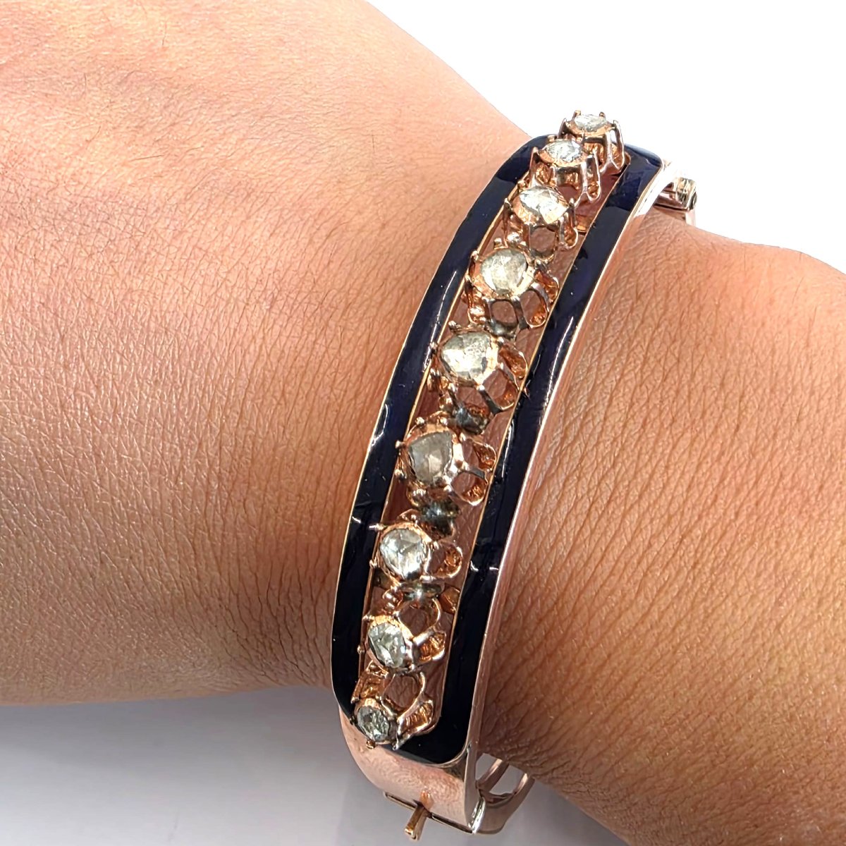 Bracelet en platine et émail bleu avec diamants rose couronné-photo-3
