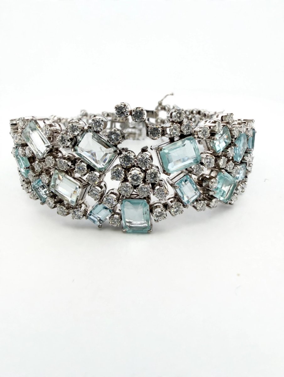 1960s 18k White Gold Bracelet With Diamonds And Aquamarine-photo-2