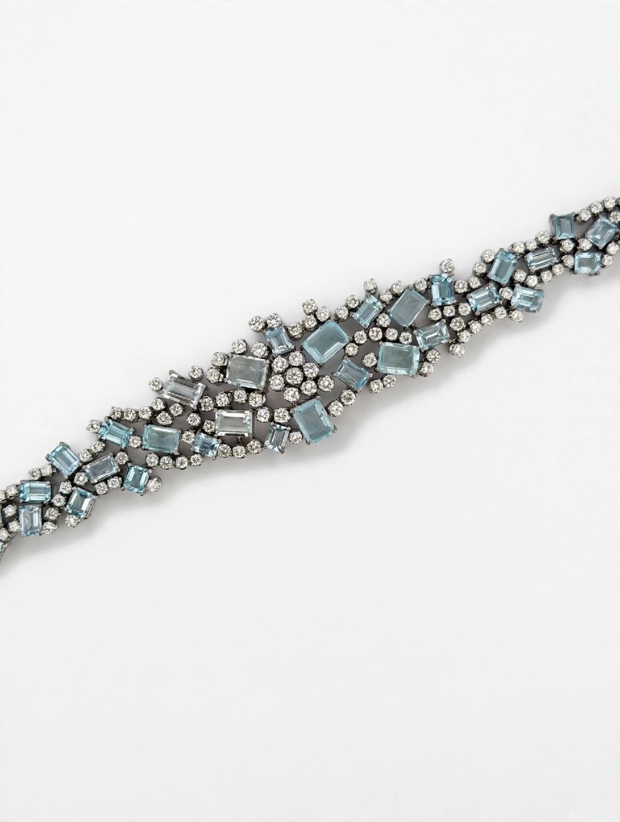 1960s 18k White Gold Bracelet With Diamonds And Aquamarine-photo-3