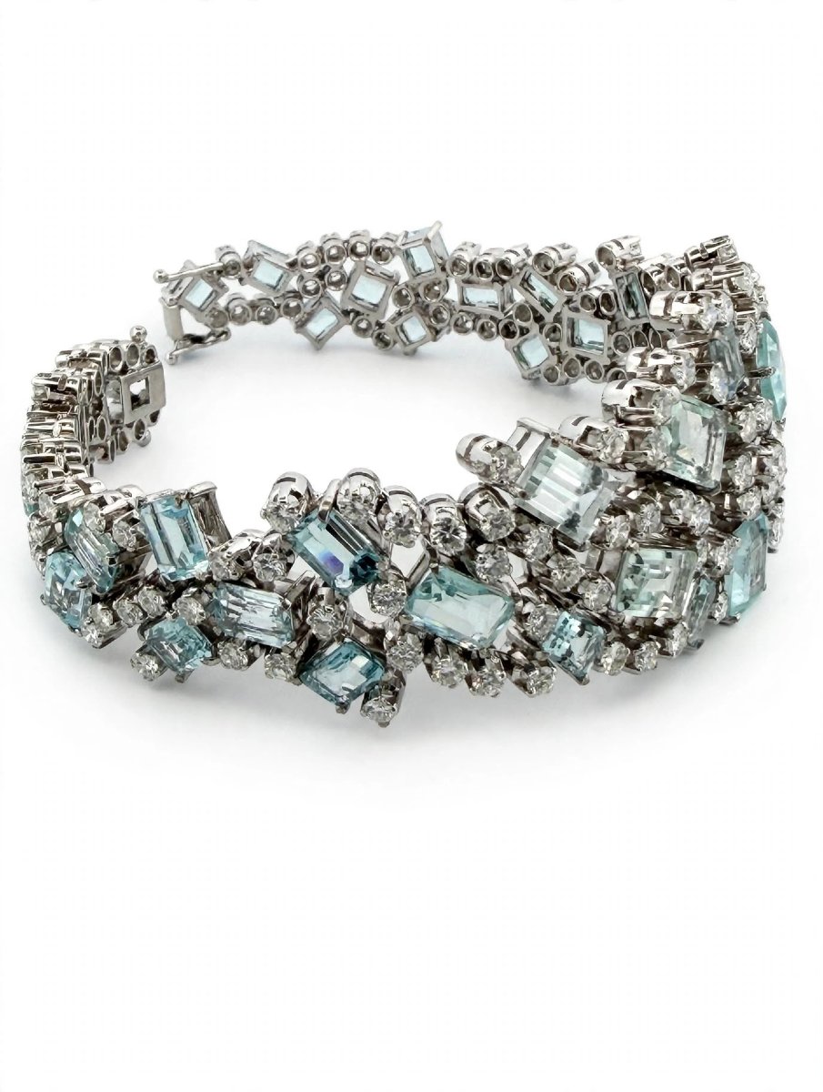 1960s 18k White Gold Bracelet With Diamonds And Aquamarine-photo-4