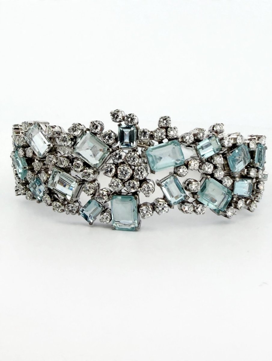 1960s 18k White Gold Bracelet With Diamonds And Aquamarine-photo-1