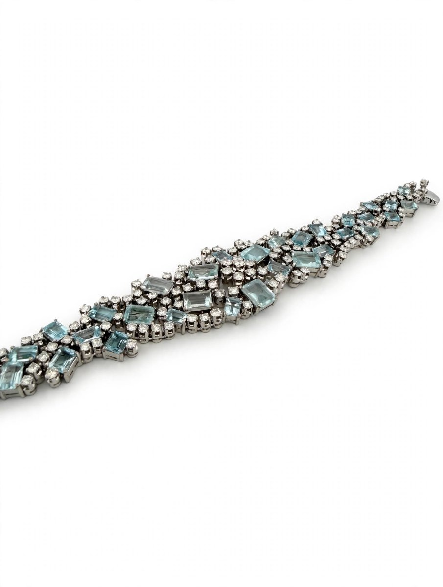1960s 18k White Gold Bracelet With Diamonds And Aquamarine-photo-2