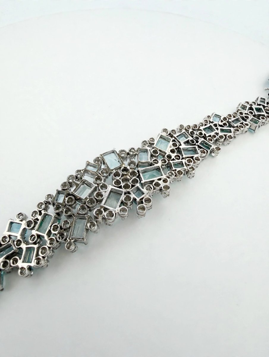 1960s 18k White Gold Bracelet With Diamonds And Aquamarine-photo-3
