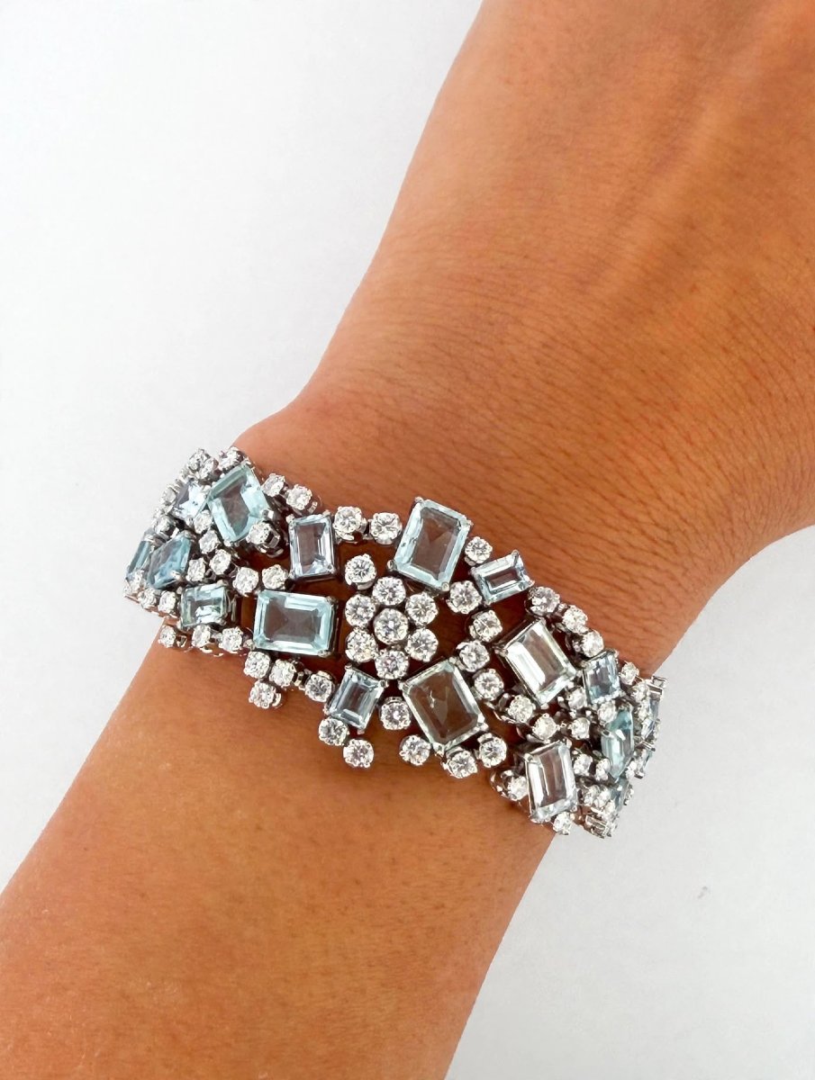1960s 18k White Gold Bracelet With Diamonds And Aquamarine-photo-5