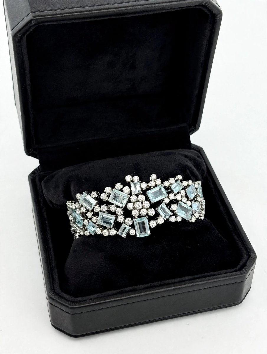 1960s 18k White Gold Bracelet With Diamonds And Aquamarine