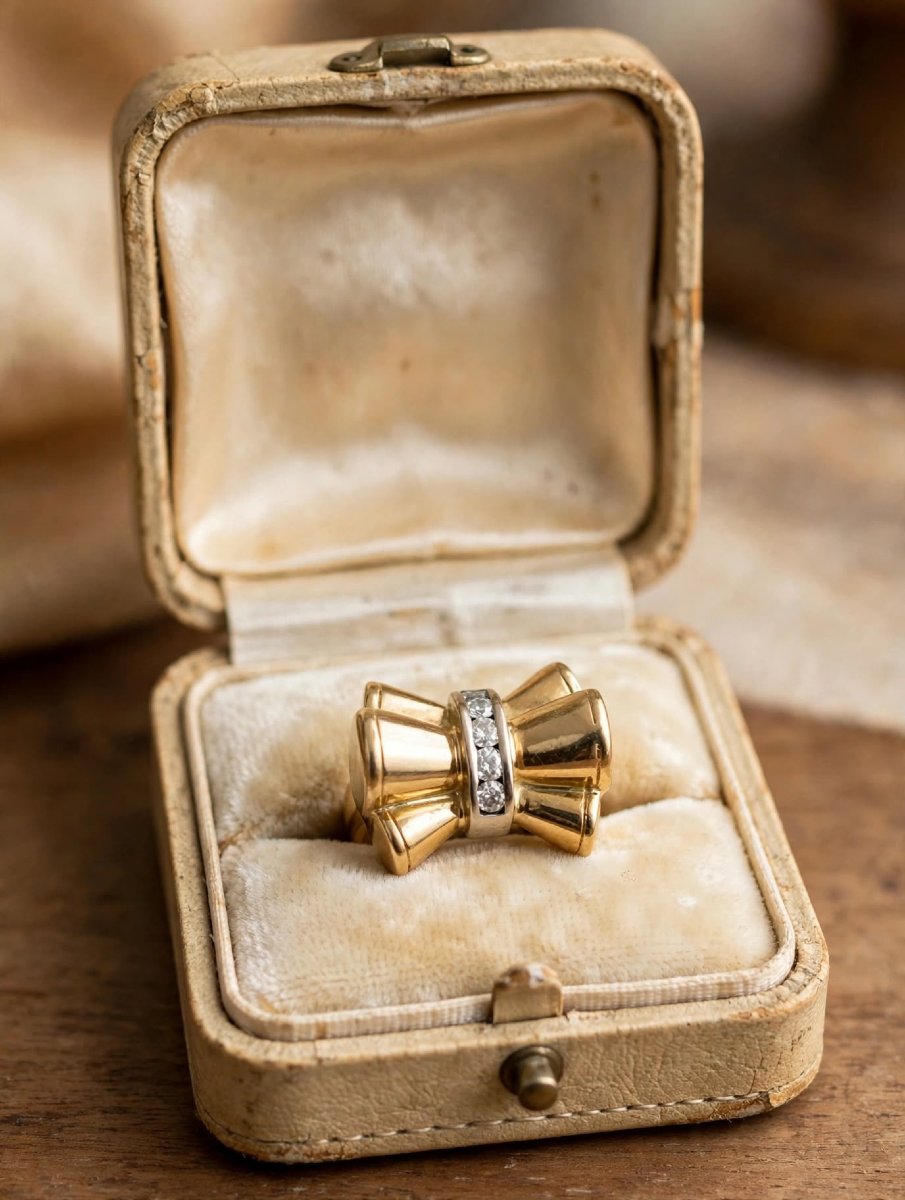 Bague Vintage années 50-60 en or jaune 18Kt avec Diamants Ct 0.30