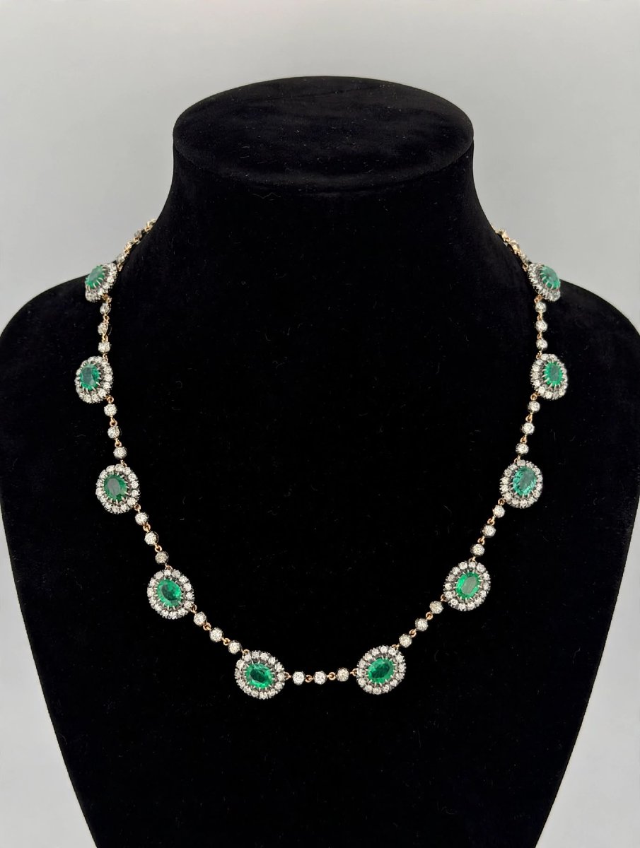 A Necklace Of Natural Emeralds And Old-cut Diamonds