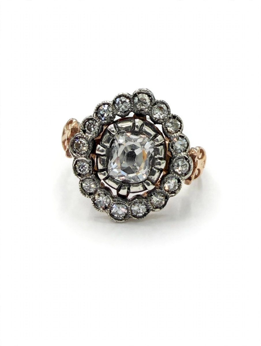 Bague Rosette Antique Victorien avec Diamant Old Cushion central et avec contour de Diamants Ol-photo-3