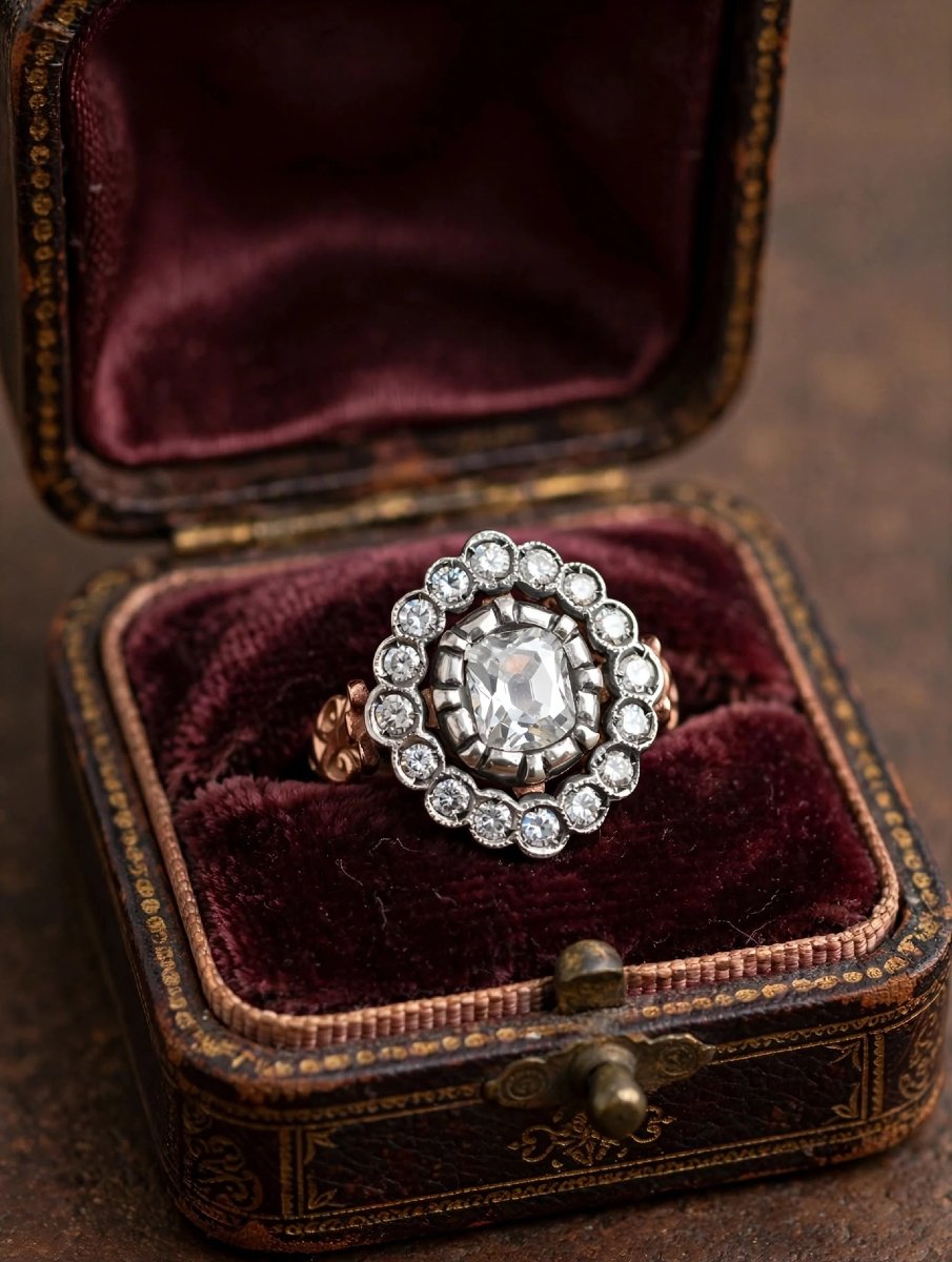Bague Rosette Antique Victorien avec Diamant Old Cushion central et avec contour de Diamants Ol