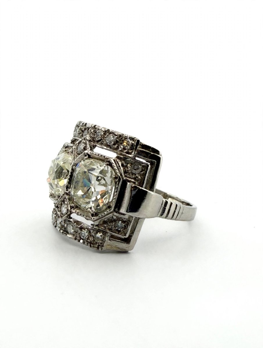 Art Deco Ring With Old Mine Cut Diamonds In 950 Platinum-photo-2